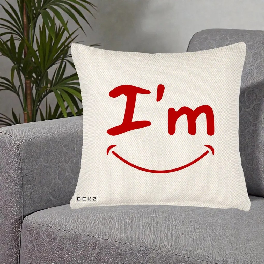 Perna Decorativa I'm Happy Smile, 40x40 cm, Crem Reliefat, Husa Detasabila, Perna Inclusa, BEKZ®