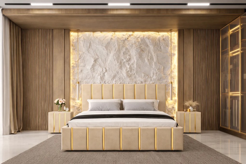 Pat tapitat Hugo 180x200 cm, Bej + Saltea Superortopedica Gold, grosime 20 cm + Set 2 noptiere Hugo, Bej