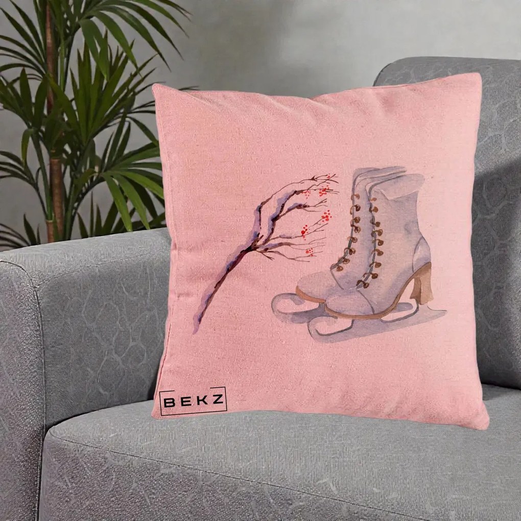 Perna Decorativa Patine cu Ramuri Inzapezite, 40x40 cm, Roz, Husa Detasabila, Perna Inclusa, BEKZ®