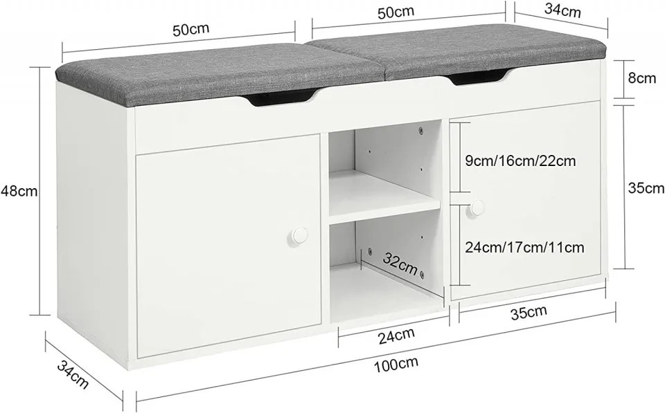 BAA22 - Banca 100 cm pentru Hol, pantofi, depozitare - Alba