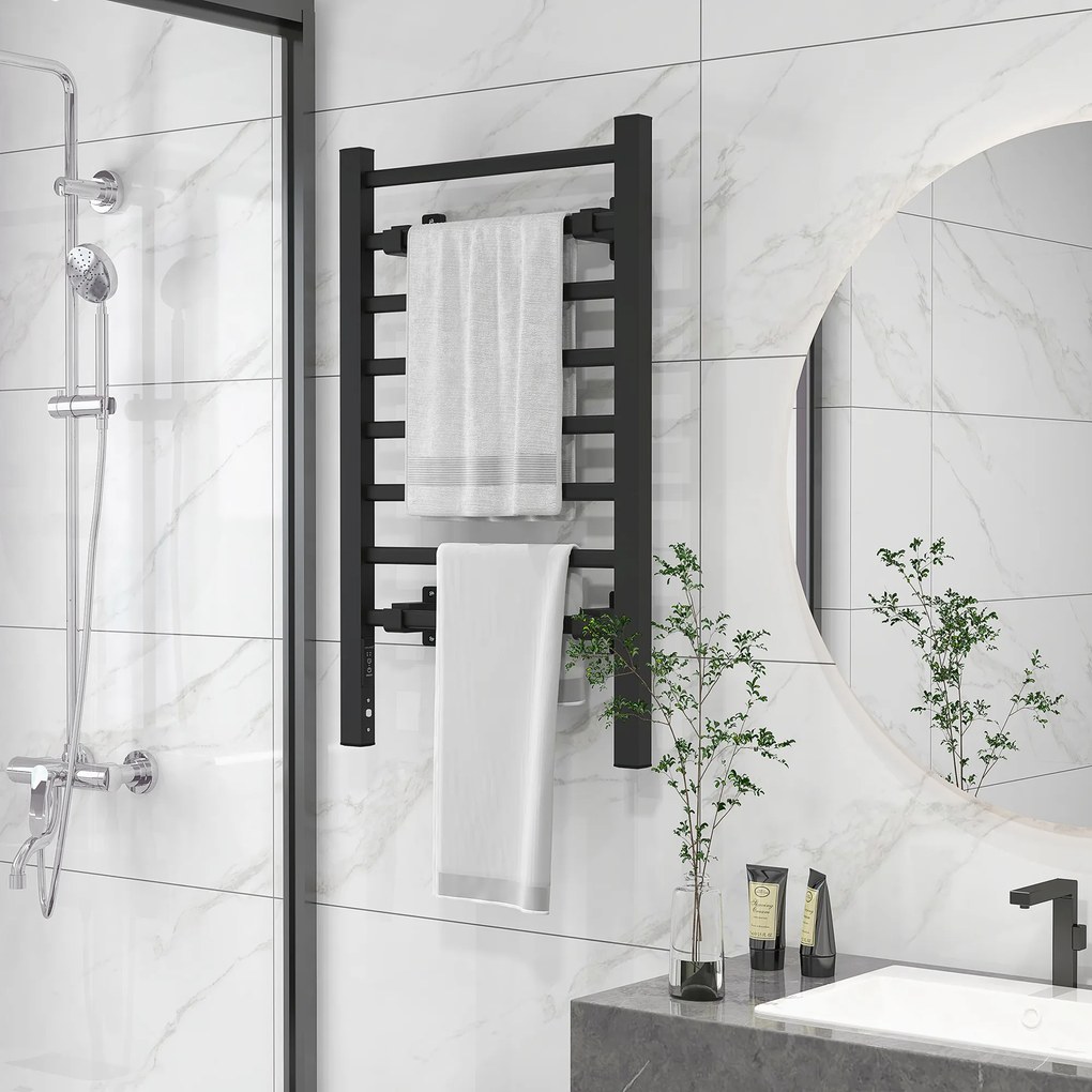 HOMCOM Uscător Electric de Prosoape, Cuier Încălzit cu 8 Bare și Temporizator de 2 sau 4 Ore, 53x35x90 cm, Negru | Aosom Romania