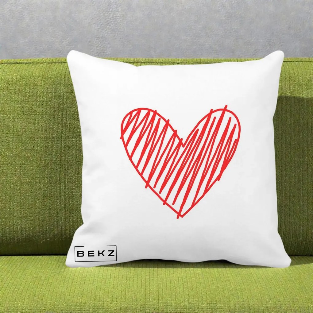 Perna Decorativa Inima Rosie Desen Manual, 40x40 cm, Alba Mata, Husa Detasabila, Perna Inclusa, BEKZ®