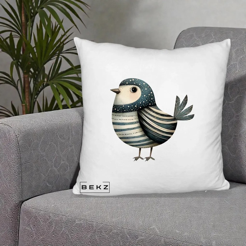 Perna Decorativa Pasare Teal Decorativa Dungata, 40x40 cm, Alb Pufos, Husa Detasabila, Perna Inclusa, BEKZ®