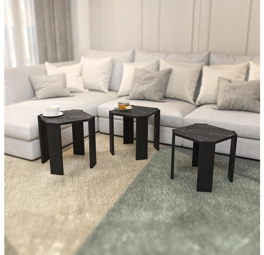 Set 3 măsuțe cafea Lorizolla (marmură negru + Negru). 1106452