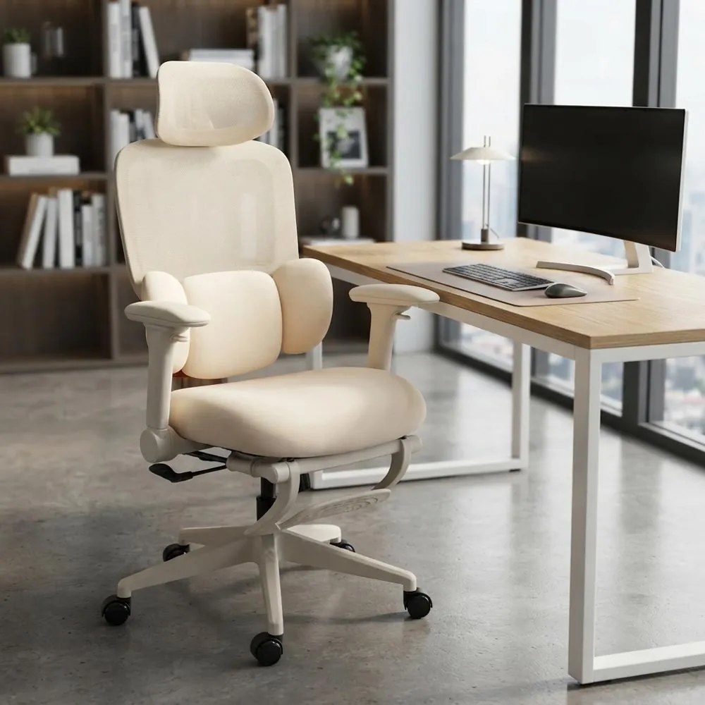 Scaun ergonomic din mesh cu tetieră reglabilă și suport lombar reglabil SYYT 9523 crem