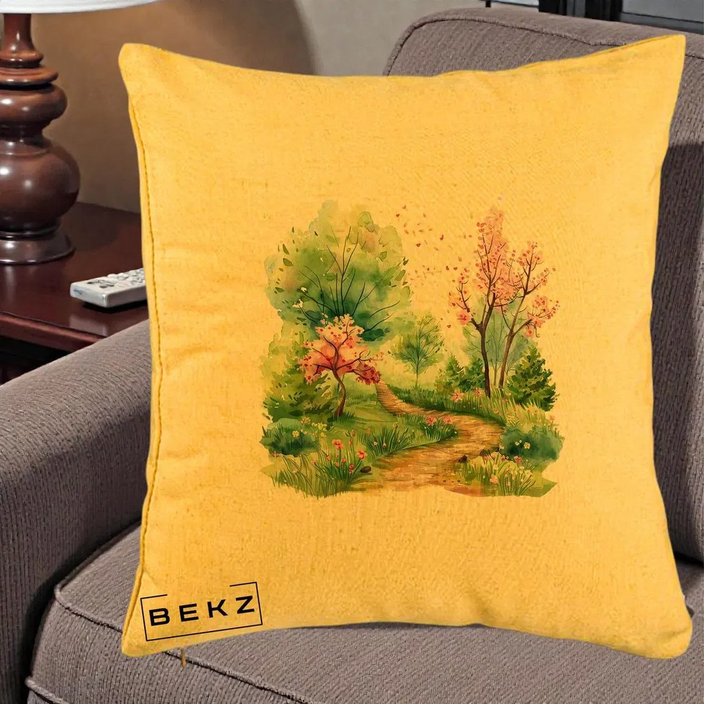 Perna Decorativa Gradina Primavara Acuarela, 40x40 cm, Galben, Husa Detasabila, Perna Inclusa, BEKZ®
