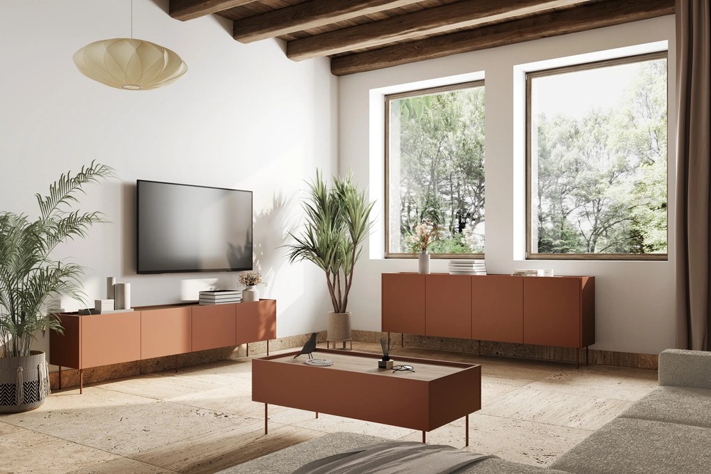 Dulap TV Desin 220 cm cu picioare metalice - ceramica rosu / stejar nagano