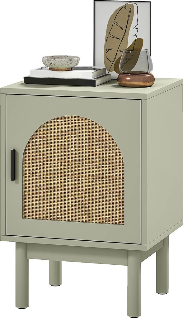 HOMCOM Noptieră cu Ușă din Ratan Raft Ajustabil și Piciorușe de Lemn Stil Bohem 40x35x58 cm Verde Deschis | Aosom Romania