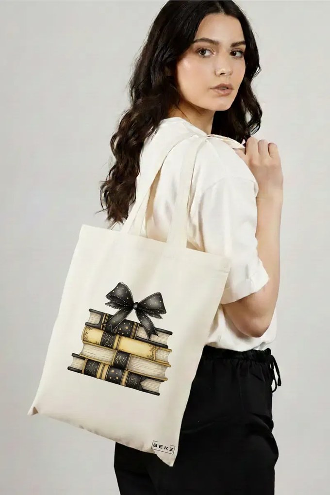 Sacosa de Panza pentru Cumparaturi, Geanta Tote, model Books 16 38 x 34.5 cm, Alba, BEKZ®