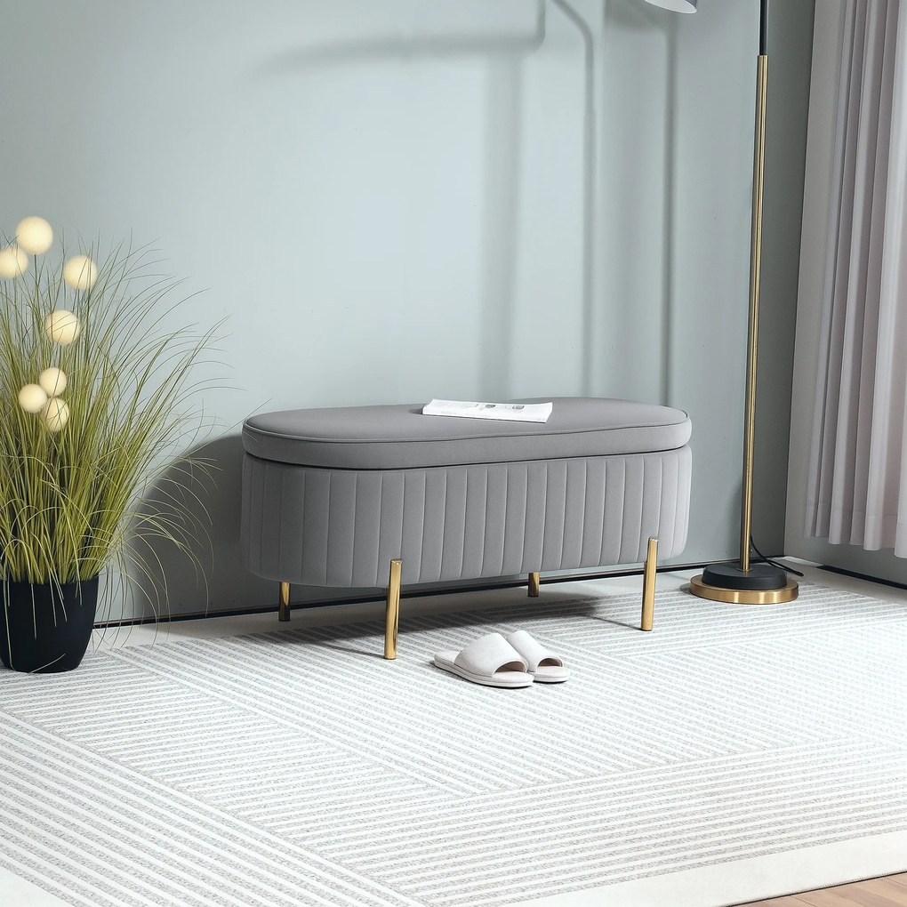 HOMCOM Bancă de Depozitare pentru Intrare Ovală 72L cu Design Scanalat, Capac Ridicabil și Șezut Capitonat, Bancă de la Capătul Patului Pouf în Catifea și Picioare de Lemn de Pin, 108x44x43.5 cm, Gri | Aosom Romania