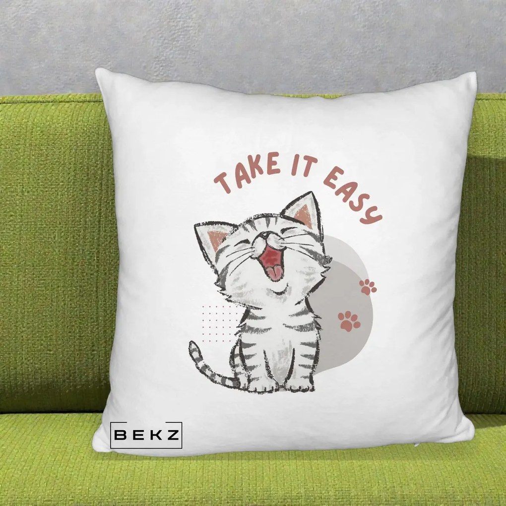 Perna Personalizata Take It Easy Cat, 40x40 cm, Alb Pufos, Husa Detasabila, Perna Inclusa, BEKZ®