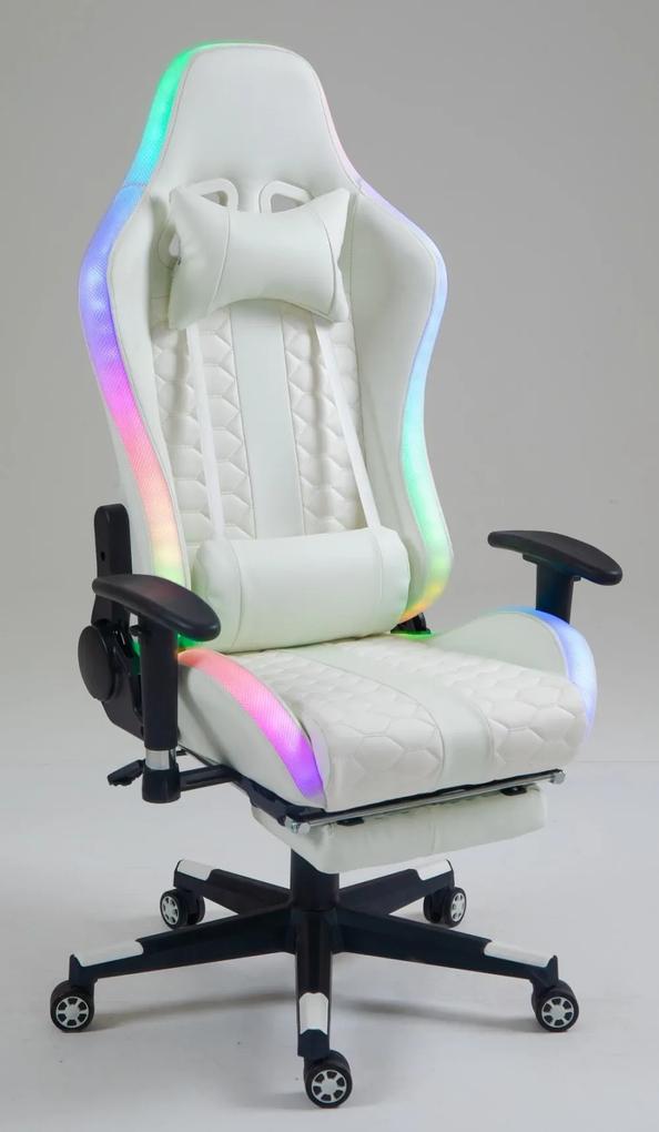 RESIGILAT-Scaun gaming cu sistem iluminare bandă LED RGB, masaj în perna lombară, suport picioare, funcție șezlong, 90-180 grade, piele ecologica, Alb