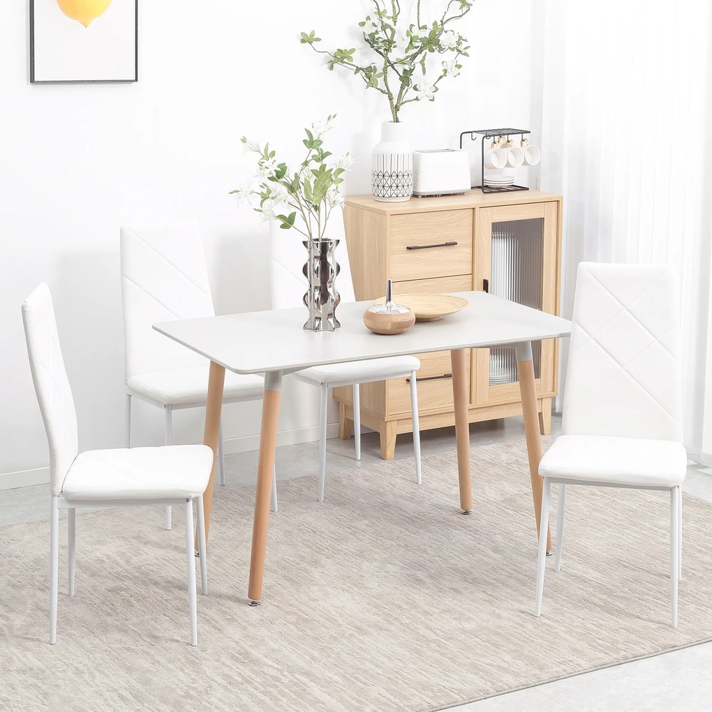 Set 4 scaune bucatarie HOMCOM cu spatar inalt, scaune moderne din piele artificiala si otel, 41x50x97cm, alb | Aosom Romania