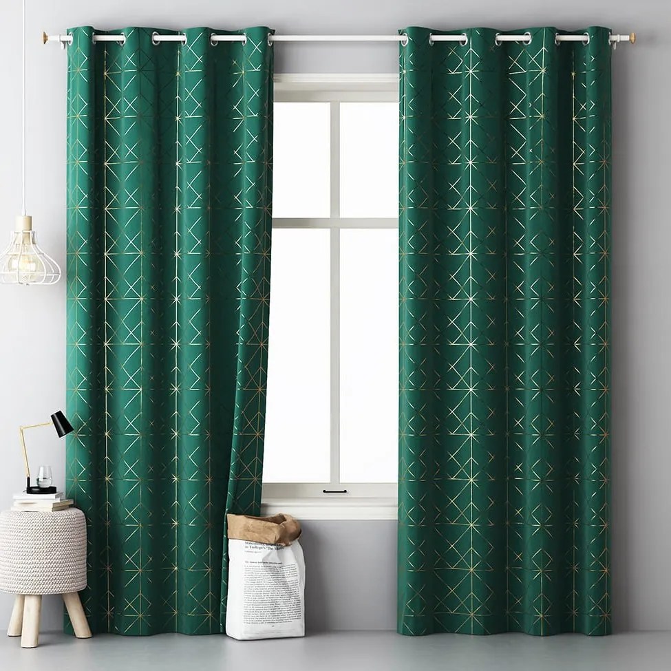 Draperie decorativă de lux, culoarea verde închis, cu model auriu 140x250 cm