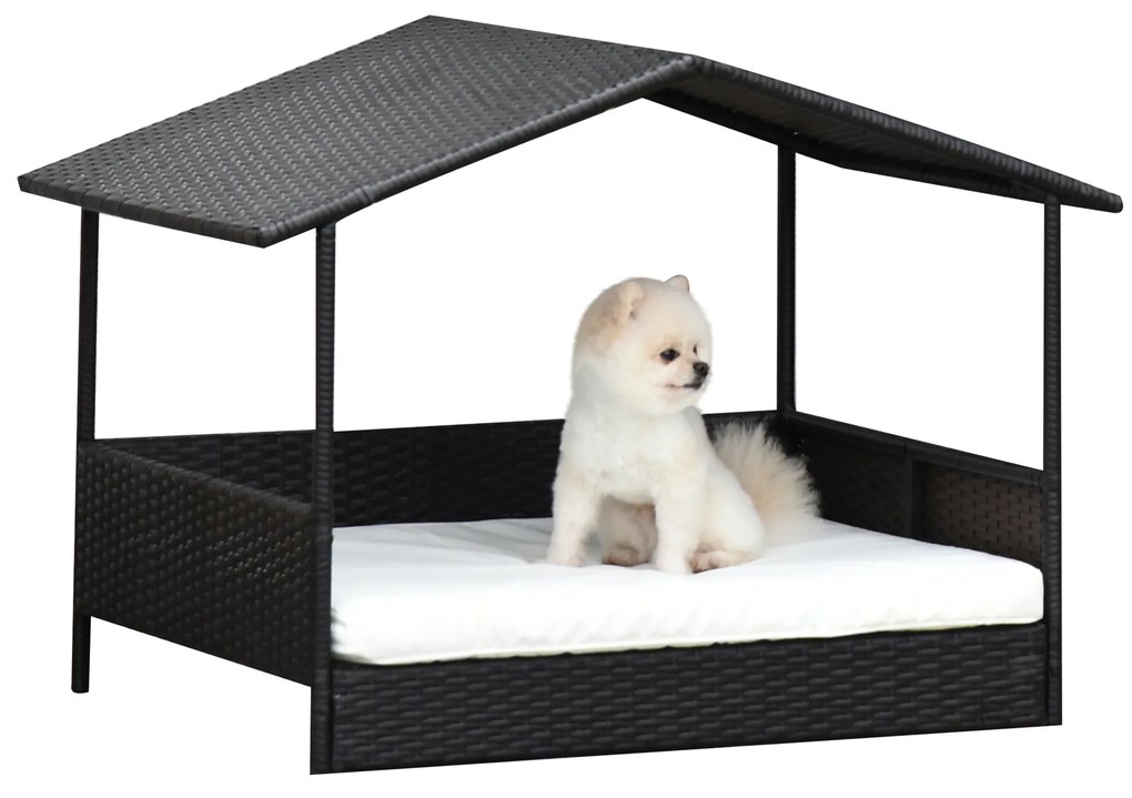 PawHut Pat Ratan pentru Câini cu Acoperiș pentru Exterior, Pat ridicat pentru câini mici și medii, Pat răcoros pentru Animale de Companie cu Cadru din Metal, Pat pentru Exterior, 69 x 98 x 70 cm, Cafea-Brun | Aosom Romania