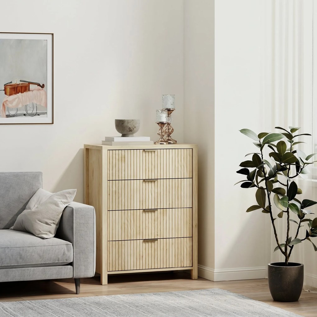 HOMCOM Comodă pentru Dormitor cu 4 Sertare Canelate, Comodă din Lemn cu Mânere Aurii, pentru Sufragerie, Sala de Mese și Hol, 70x38x93 cm, Lemn Natural | Aosom Romania
