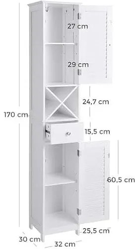 Dulap de depozitare pentru baie, Vasagle, Alb, 32x30x170 cm
