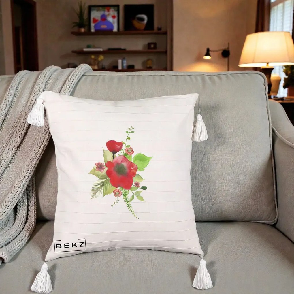 Perna Decorativa Buchet Rosu Acuarela, 40x40 cm, Bej cu Franjuri, Husa Detasabila, Perna Inclusa, BEKZ®