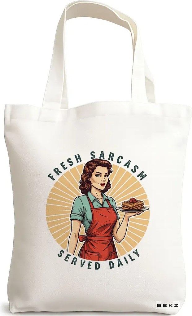Sacosa de Panza pentru Cumparaturi, Geanta Tote, model Fresh sarcasm served daily 2 38 x 34.5 cm, Alba, BEKZ®
