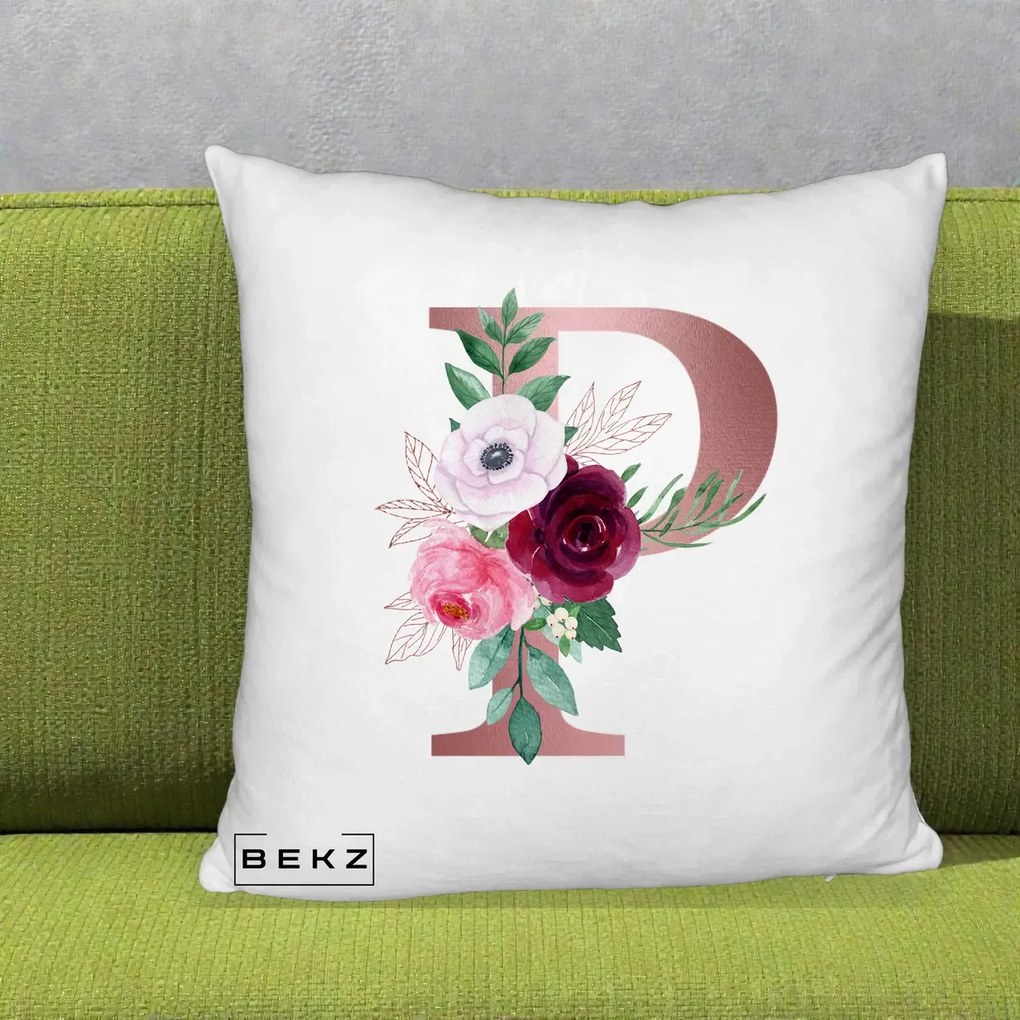 Cadou Personalizat - Perna Personalizata Monograma Rose Gold Litera P, 40x40 cm, Alb Pufos, Husa Detasabila, Perna Inclusa, BEKZ®