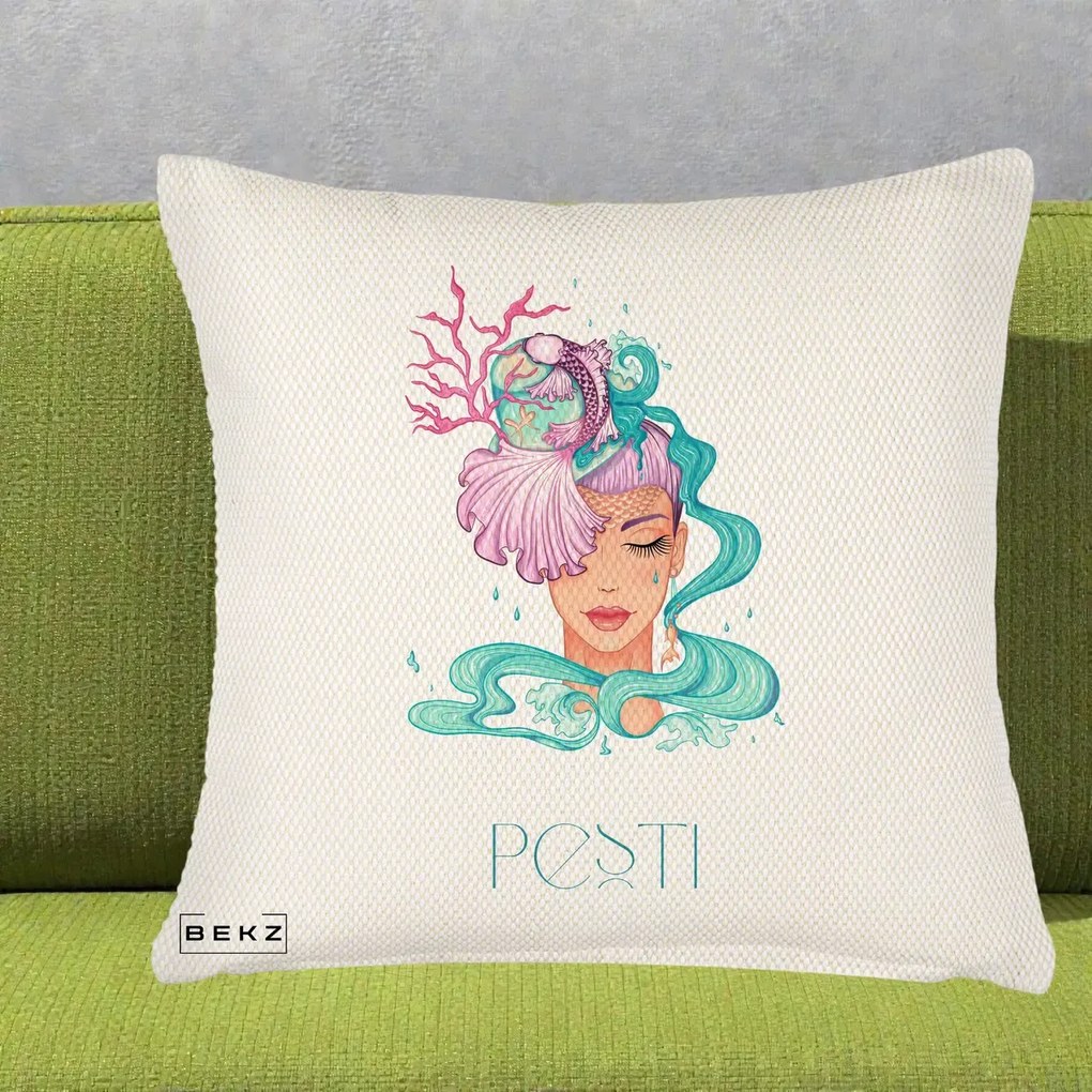 Perna Personalizata Zodiac Pesti Cowgirl, 40x40 cm, Crem Reliefat, Husa Detasabila, Perna Inclusa, BEKZ®