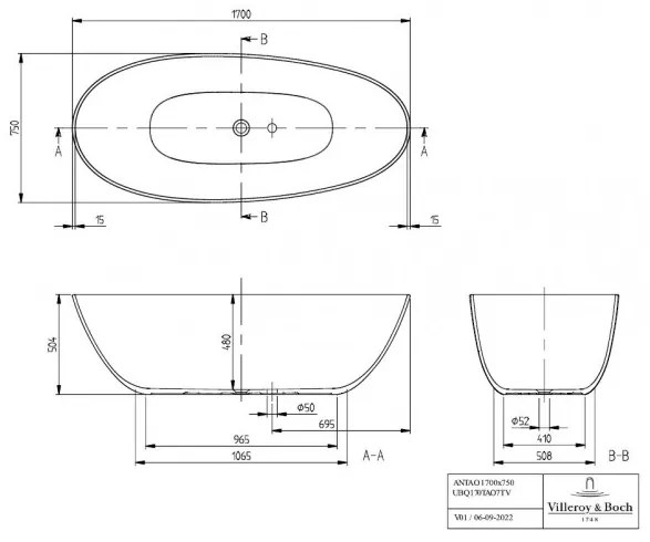 Cada free-standing, Villeroy&amp;Boch Antao, compozit Quaryl, 170x75cm, Alb Alpin, UBQ170TAO7TV-01