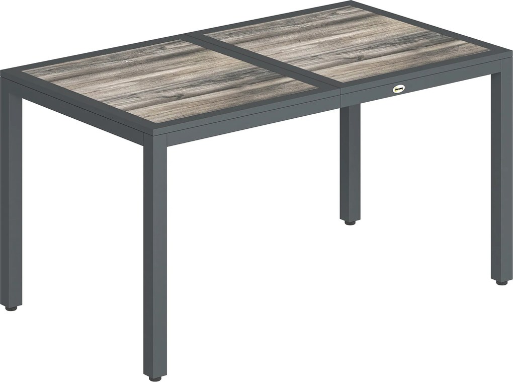 Outsunny Masă de grădină pentru 4–6 persoane, masă de exterior cu blat cu efect de lemn, 140 x 80 x 72 cm, gri închis | Aosom Romania