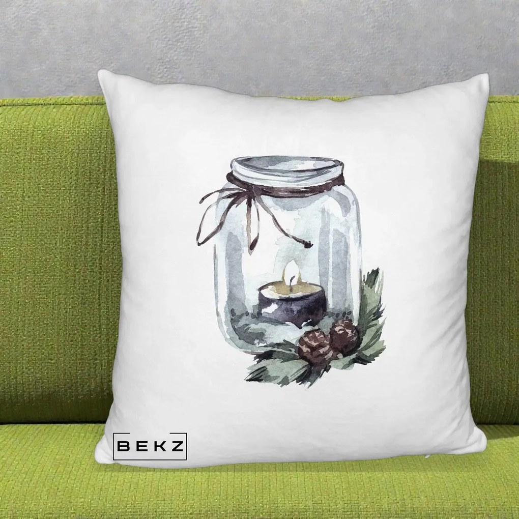 Perna Decorativa Felinar cu Lumanare si Conuri, 40x40 cm, Alb Pufos, Husa Detasabila, Perna Inclusa, BEKZ®