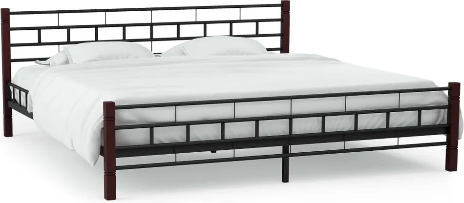 Cadru de pat metalic, bază șipci, 180 x 200 cm, stâlpi lemn