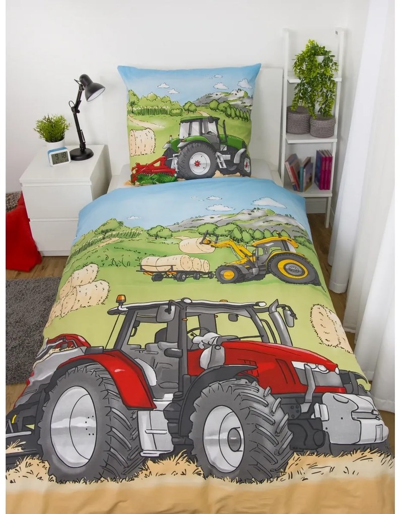 Lenjerie de pat din bumbac pentru copii Herding Tractor, 135 x 200 cm, 80 x 80 cm