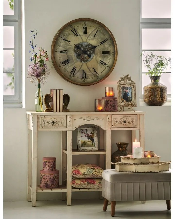 Consola alba, din lemn, 2 sertare, aspect vintage, Chantrelle