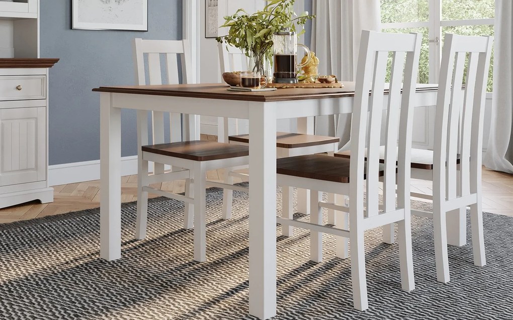 Set lemn masiv nuc Dining Linea 6 Scaune și Masă Extensibilă Alb-