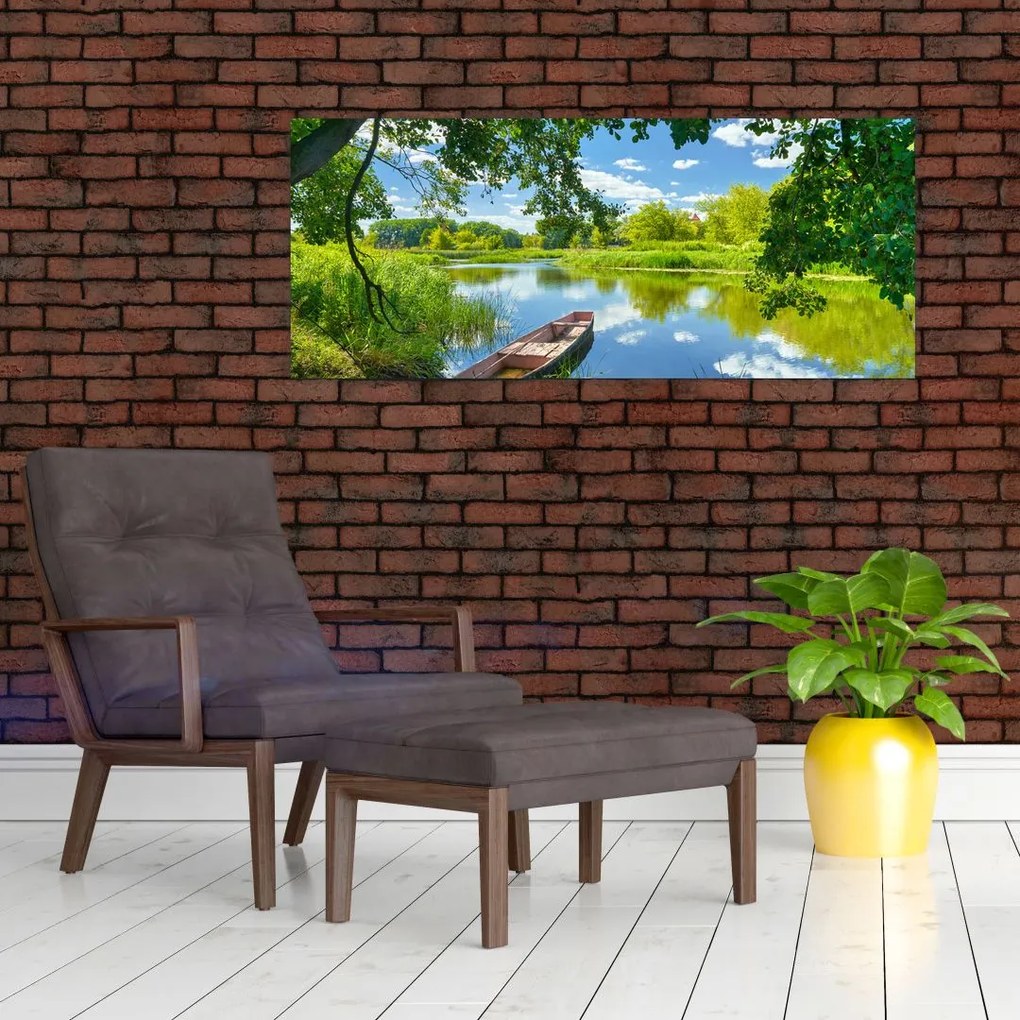 Tablou cu râu de vară și barcă (120x50 cm)