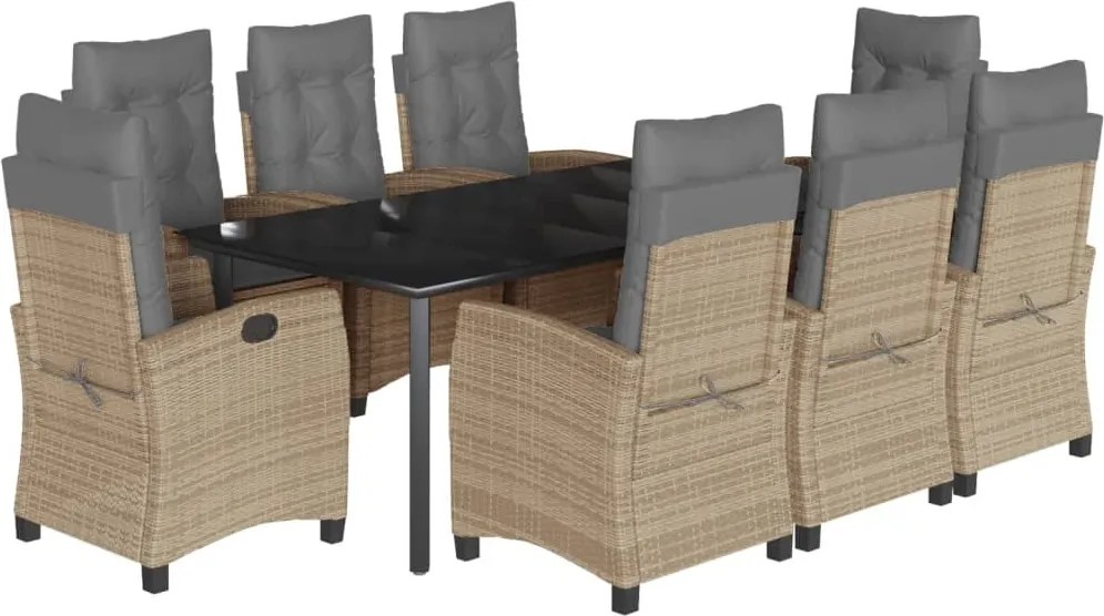 vidaXL Set de masă pentru grădină, 9 piese, cu perne, bej, poliratan