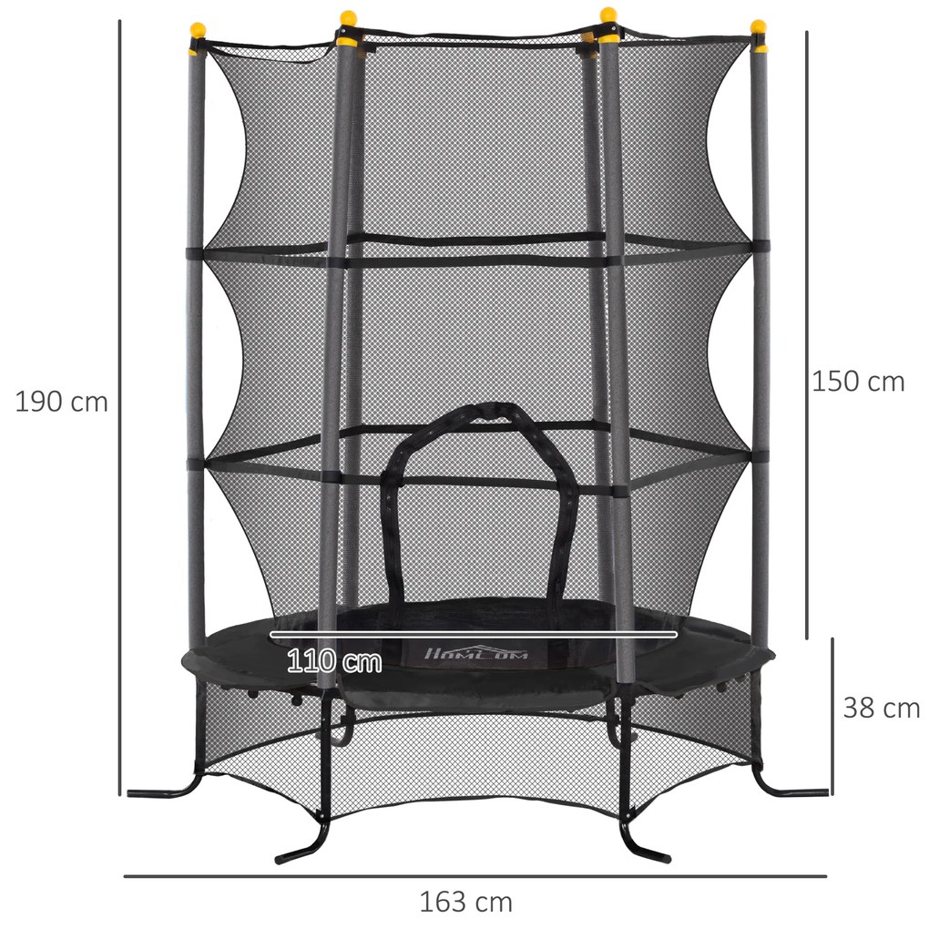 HOMCOM Trambulină pentru Copii 3-10 Ani cu Plasă de Siguranță, Suprafață Elastică cu Bare Capitonate, Ø163x190 cm, Negru | Aosom Romania