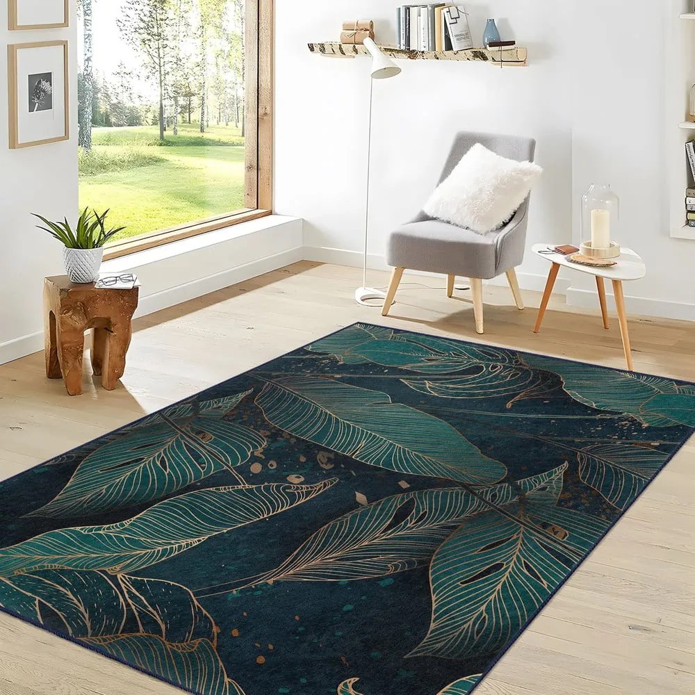Covor tip traversă culoare petrol lavabil 80x200 cm Midnight Jungle – Mila Home