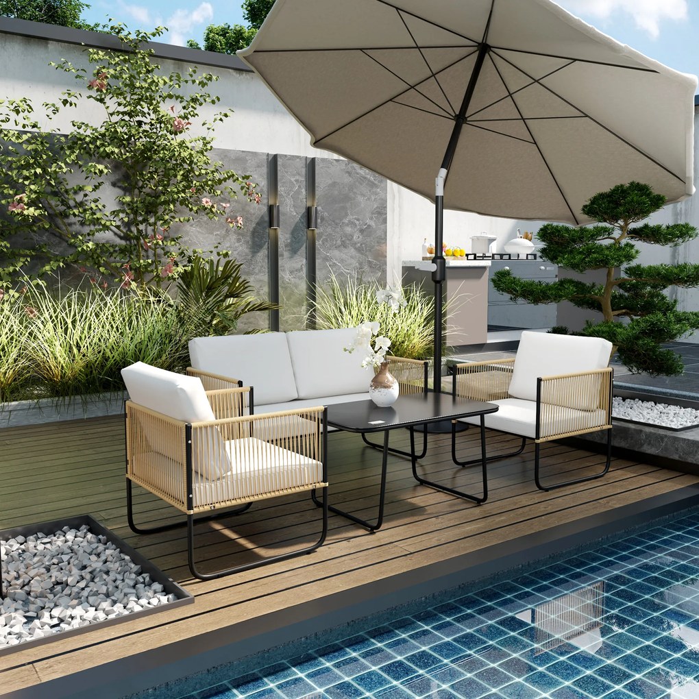 Outsunny Set Mobilier de Grădină din 4 Piese cu Canapea, 2 Fotolii și Măsuță, 110x61x63 cm, Alb Crem | Aosom Romania