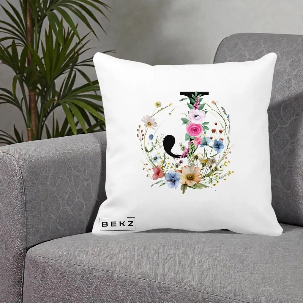 Cadou Personalizat - Perna Personalizata Monogram Litera J cu Flori Acuarela, 40x40 cm, Alba Mata, Husa Detasabila, Perna Inclusa, BEKZ®