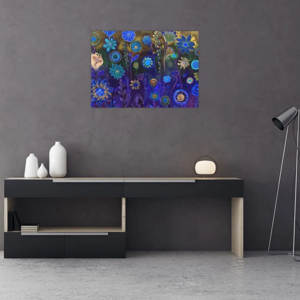 Tablou pe sticlă - Flori albastru închis (70x50 cm)