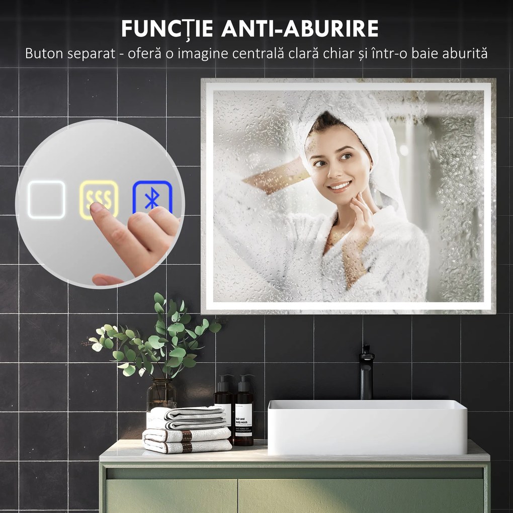 HOMCOM Oglindă Baie Bluetooth LED Antiabur Tactil | Aosom Romania