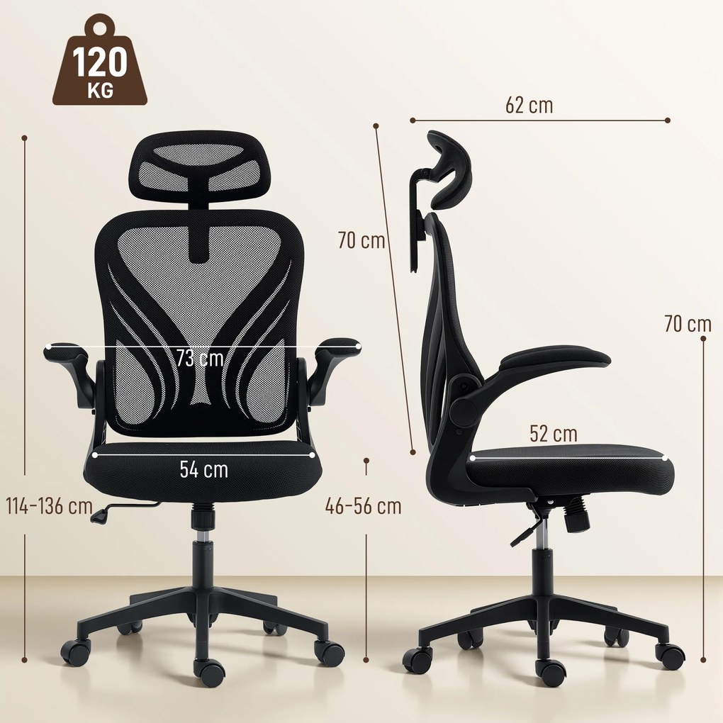 HOMCOM Scaun de Birou Ergonomic cu Brațe Rabatabile și Spătar Pliabil, Scaun de Birou cu Funcție Balansoar, Tetieră Reglabilă, Șezut Rotativ, Negru | Aosom Romania
