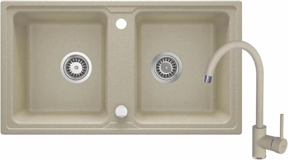 Set chiuveta bucatarie 2 cuve si baterie Deante Zorba finisaj bej 78x44cm