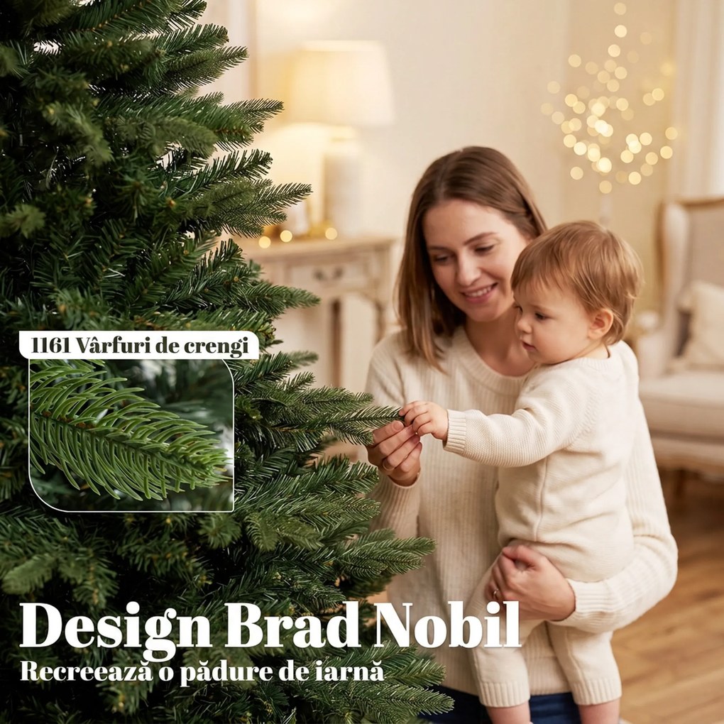 HOMCOM Brad artificial de Crăciun Brad Nobil, 1161 ramuri, 210 cm, verde | Aosom Romania