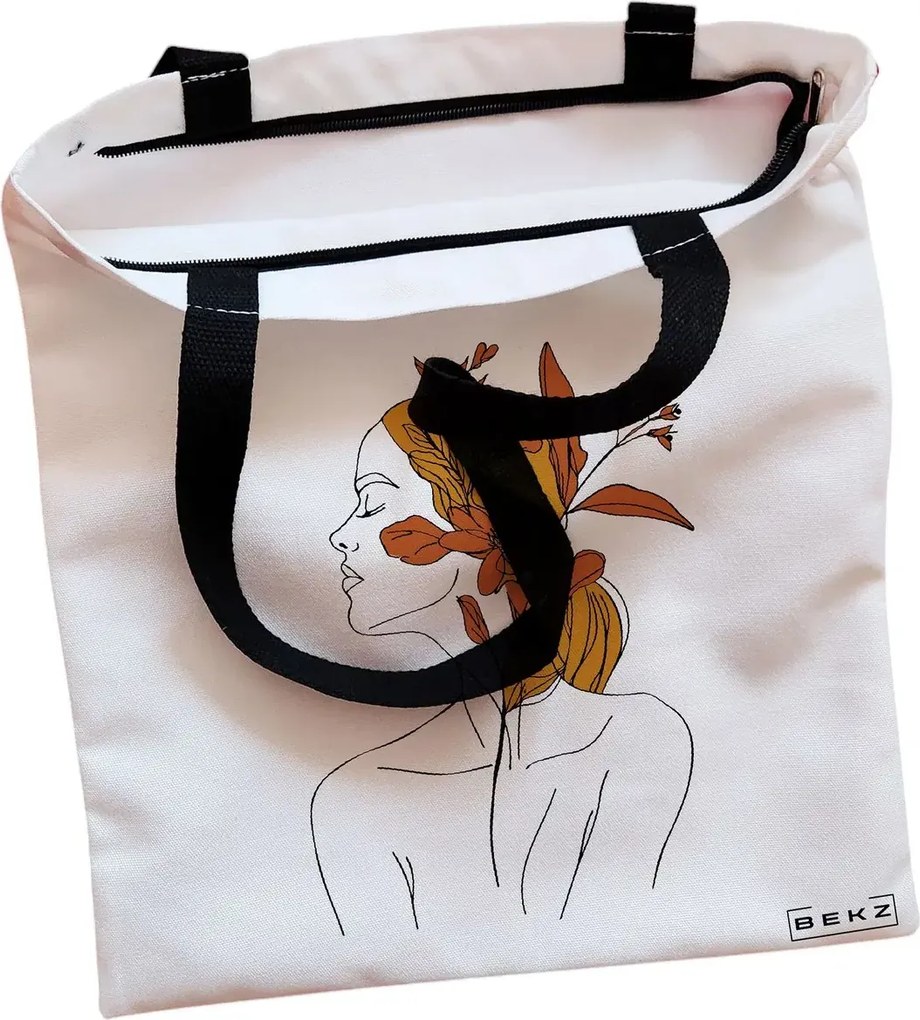 Sacosa de Panza pentru Cumparaturi, Geanta Tote, Flower Lady 17, Cu fermoar, 38x34.5 cm, Alba, BEKZ®