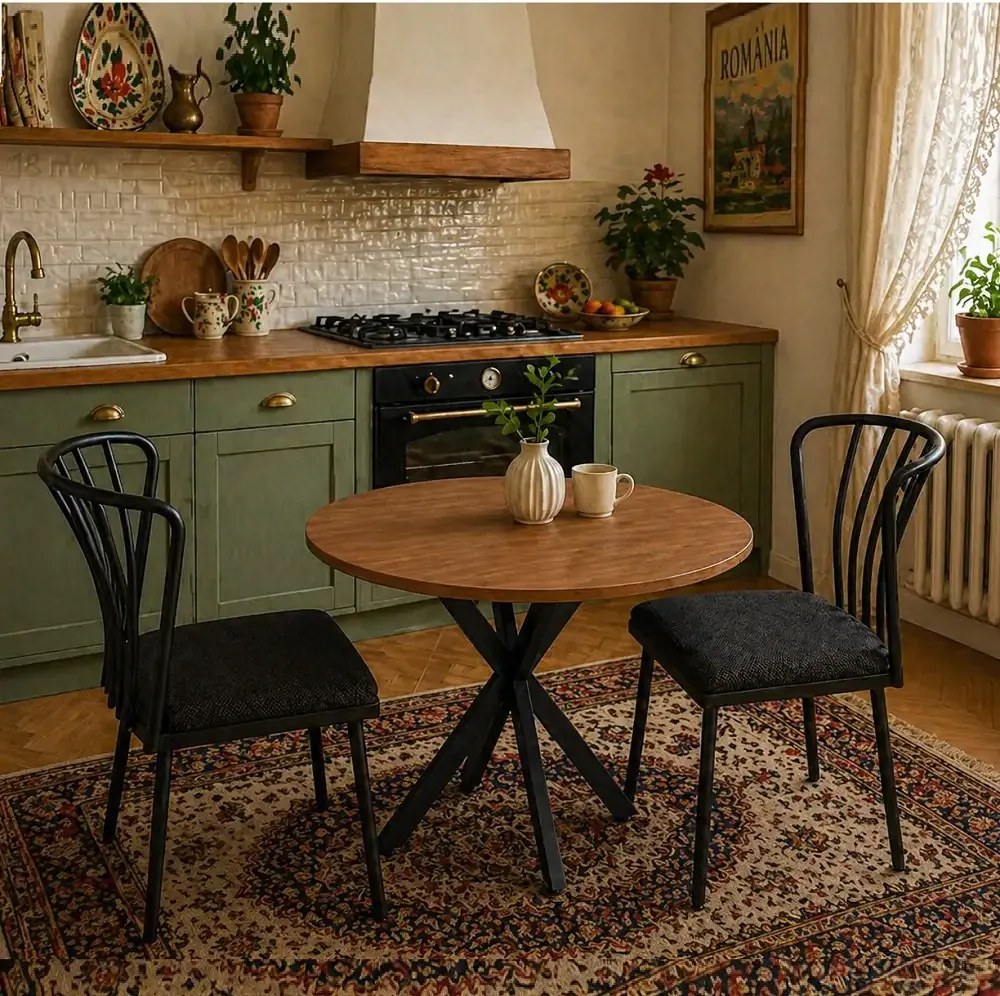 Set masă cu 2 scaune Asterix rotund negru-nuc