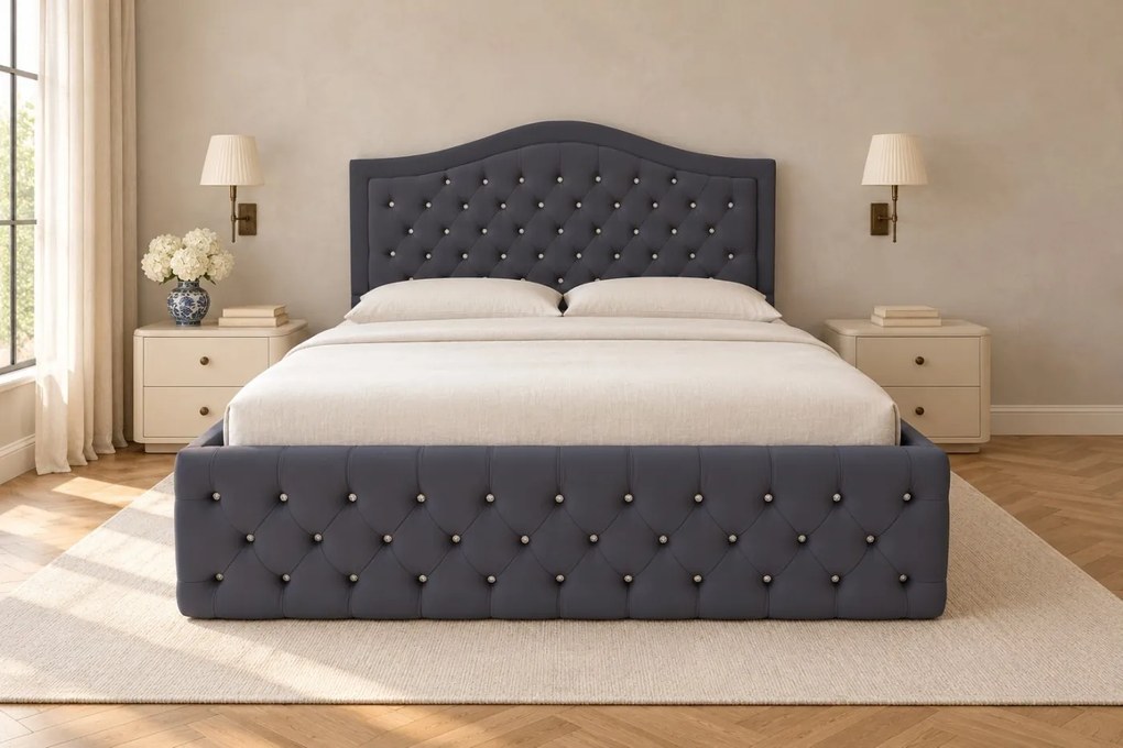 Pat tapițat Chesterfield din catifea Solaria Deluxe Cristal 200×200 cm, gri închis, cu ladă de depozitare