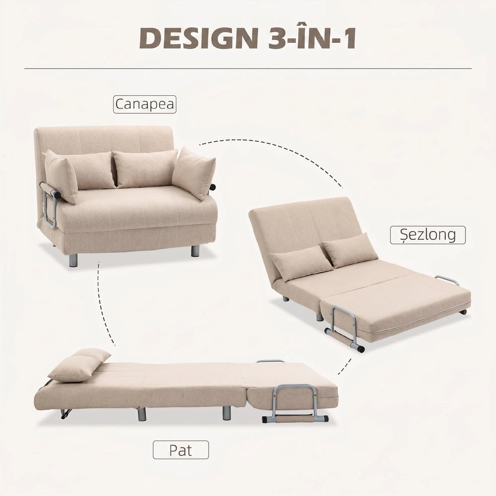 HOMCOM Canapea Extensibilă cu 2 Locuri, Spătar Reglabil și 4 Perne Tapițate, 102x82x81 cm, Bej | Aosom Romania