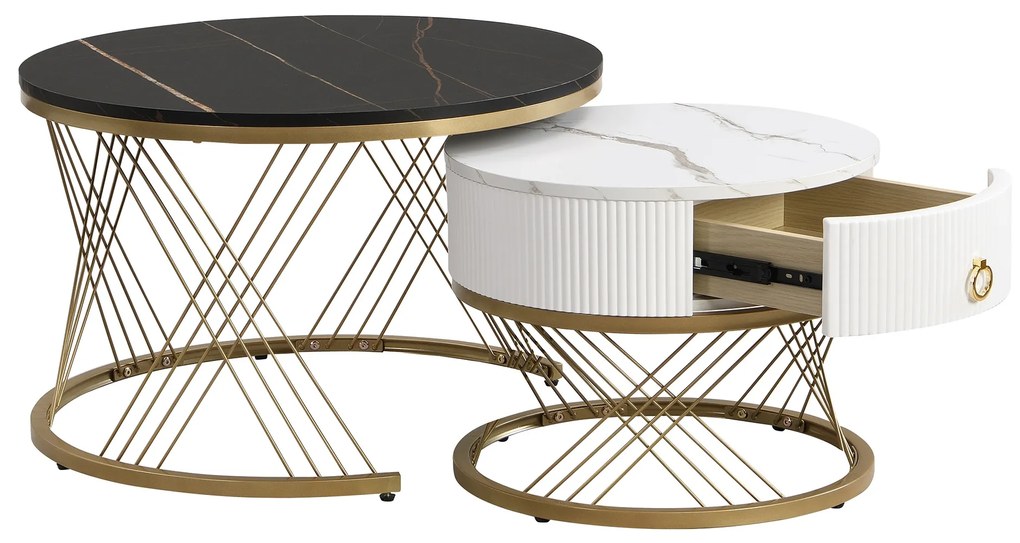 Set de 2 Măsuțe de Cafea Moderne Modulare din Marmură Sintetică cu Detalii Aurii și Sertare, Dimensiuni 70x70x45 cm și 50x50x40 cm, Negru