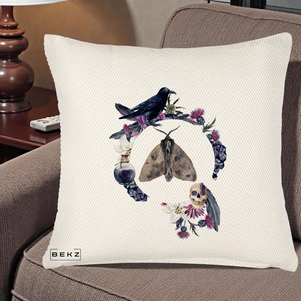 Perna Decorativa Gothic Wreath Corb Moliu Craniu, 40x40 cm, Crem Reliefat, Husa Detasabila, Perna Inclusa, BEKZ®