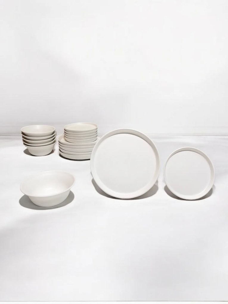 Set Farfurii 18 piese Casablanca ALB MAT ( 6 Farfurii Mari25cm, 6 Farfurii Desert 20cm, 6 Boluri 450ml) - Ceramica Manuala